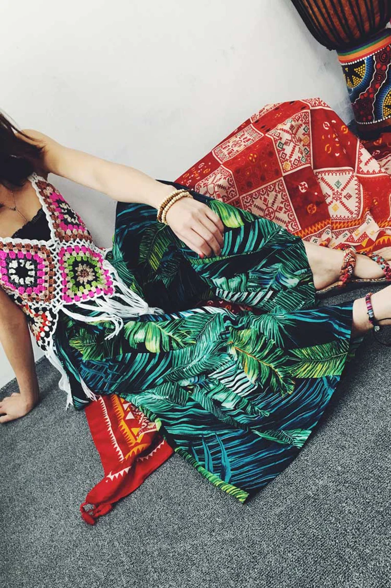 Bohoartist Boho пляжные брюки Широкие брюки для женщин тропические растения печати на шнуровке свободный низ отдых повседневные брюки одежда