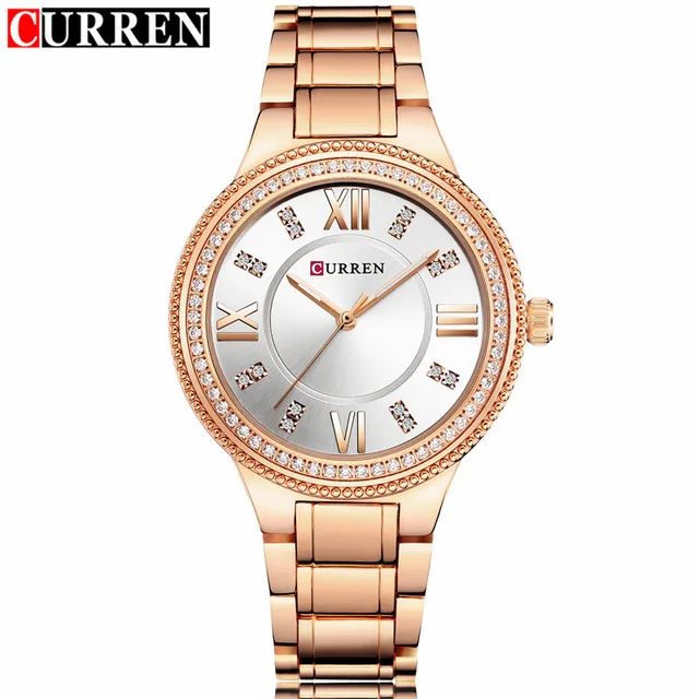 rose white CURREN Топ люксовый бренд женские кварцевые часы кристалл дизайн женские наручные часы стальное платье женские наручные часы relogio feminino - Цвет: rose white