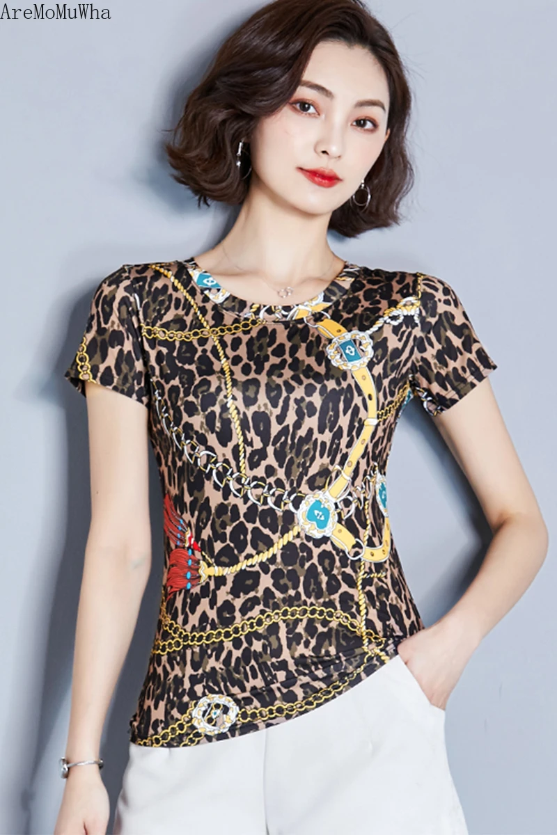 AreMoMuWha 2019 New Female Summer Fashion Print Leopard T-shirt Short-sleeved Slim Slimming Half-sleeved Shirt234 | Женская одежда