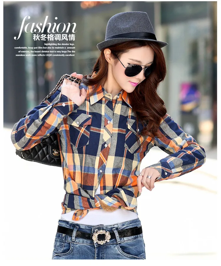 Женская рубашка, плотные топы, Blusa Camisa Femininas, Осень-зима, теплая, хлопковая, с длинным рукавом, бархатная, Клетчатая блузка, фланелевые офисные рубашки