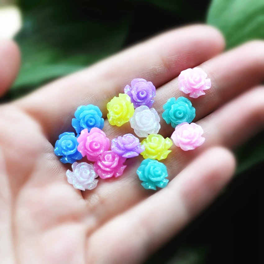 

50pcs/Lot Mix Colors 10 Design Cabochons Botoes Flat Back Resin Rose Flowers For DIY Phone Decoration and Earring Accessory