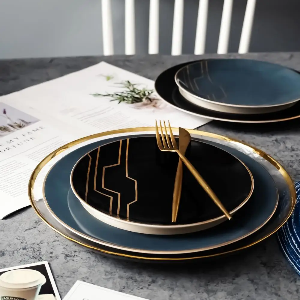 Модная цветная керамическая тарелка Золотая инкрустация десертная для торта