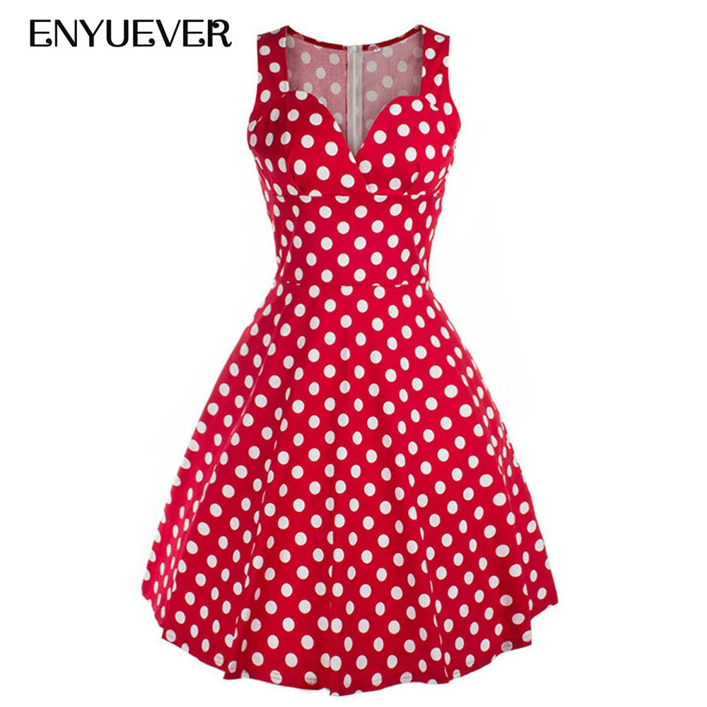 Enyuever Red White Polka Dot Dress Women Clothing Sleeveless 50s Swing Pin Up Vestido Casual Vintage Robe Rockabilly Party | Женская