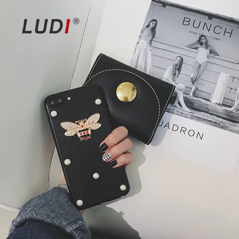 Роскошный кожаный 3D чехол LUDI с металлическим бриллиантом и Пчелой для iPhone X/6/7/8 из