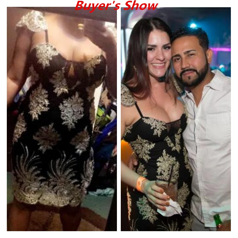 

SEBOWEL Sexy Black Gold Embroidered Bodycon Party Dress 2019 Women Elegant Sequin Lace Club Party Dress Vestido De Festa Curto