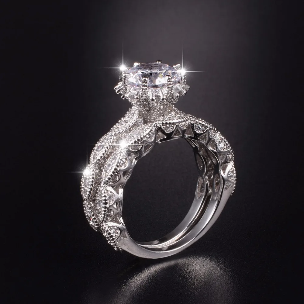 Роскошный цветок 3ct Имитация Diamond Ring 2-в-1 Серебро 925 пробы Jewelry Обручение набор обручальных колец для Для женщин