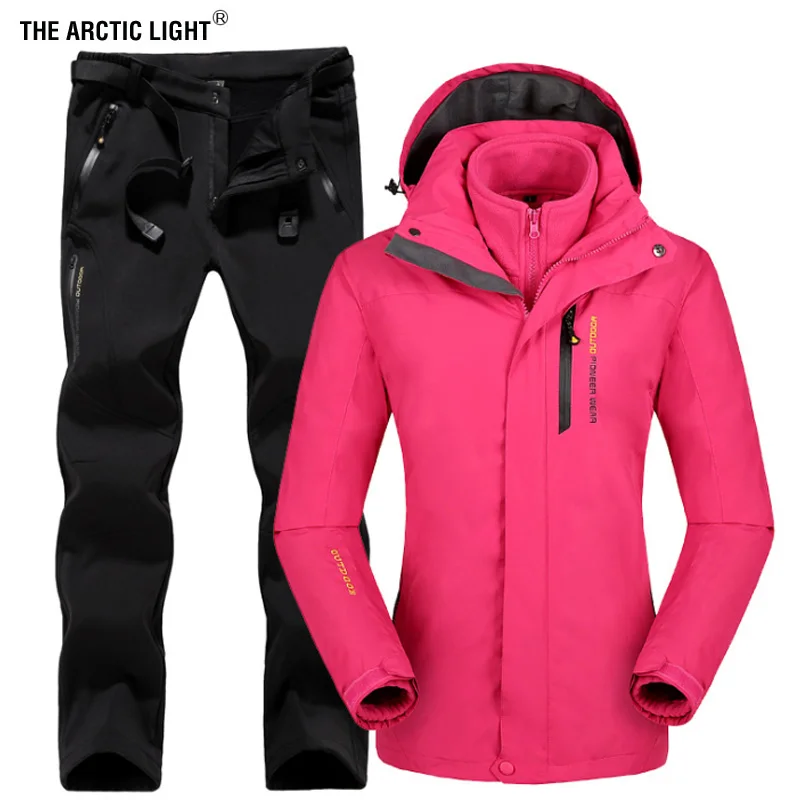 black rosy Женский лыжный светильник, лыжная куртка для походов, кемпинга, спорта, флисовая зимняя ветровка, куртка, теплые флисовые штаны, комплекты - Цвет: black rosy