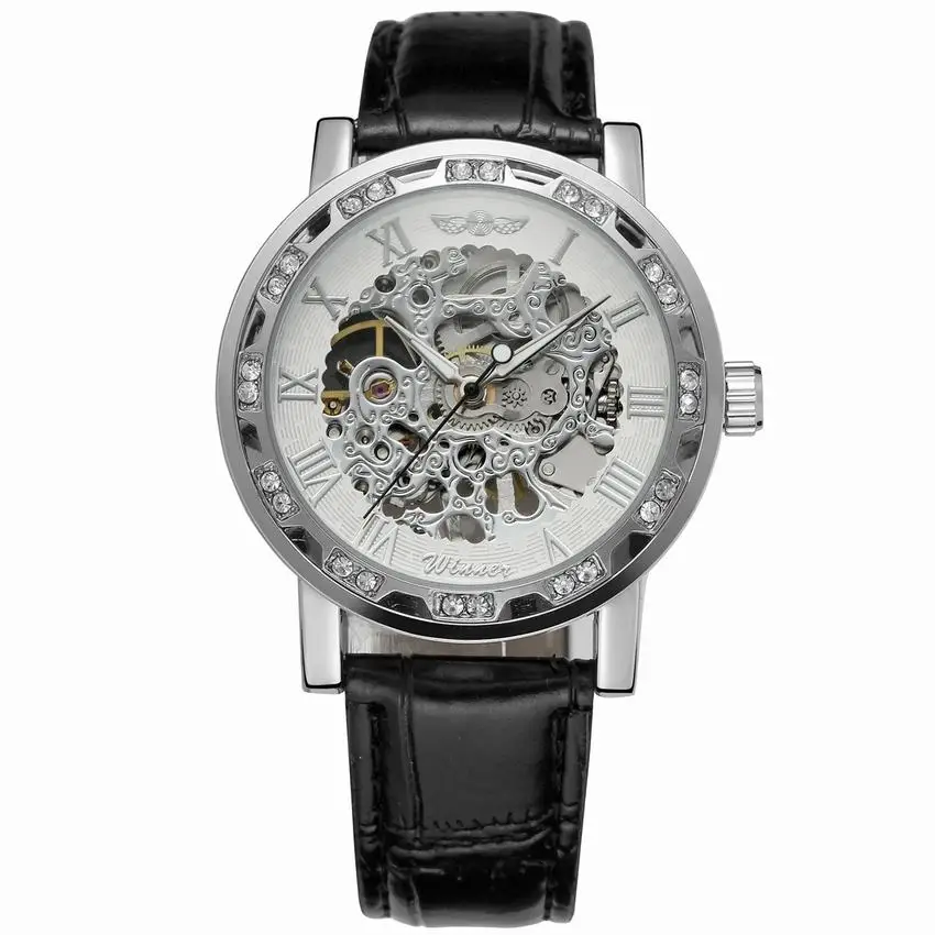 white silver black Модные прозрачные женские механические наручные часы-Скелетон Winner с римскими буквами в стиле ретро Королевского дизайна - Цвет: white silver black