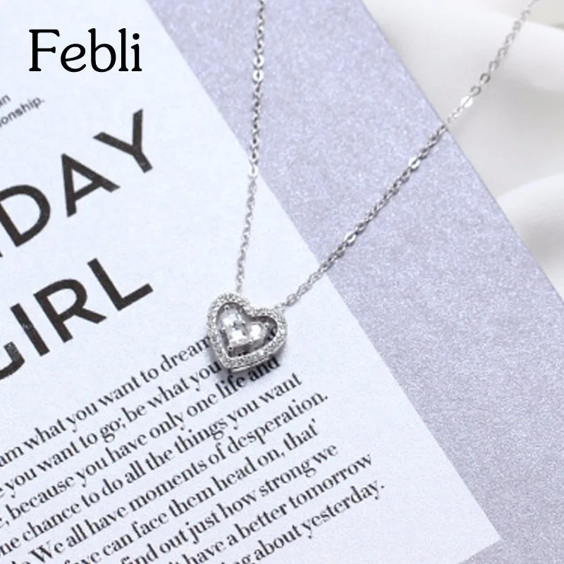 Febli S925 Серебряное сердце ключицы цепи с кубического циркония тонкий и элегантный