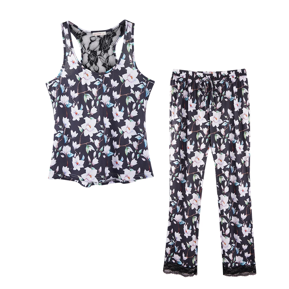 

Sleeveless Loose Lace Tank Tops Full Length Drawstring Loose Floral Print Spring Women's Pajamas Sets two Pieces Pajamas