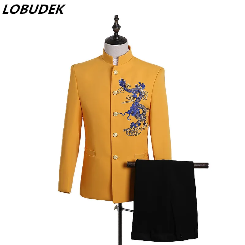 

From Prom Male singer Chorus costumes suits Chinese style Embroidery slim sets Host stage outfit Wedding Studio performance wear