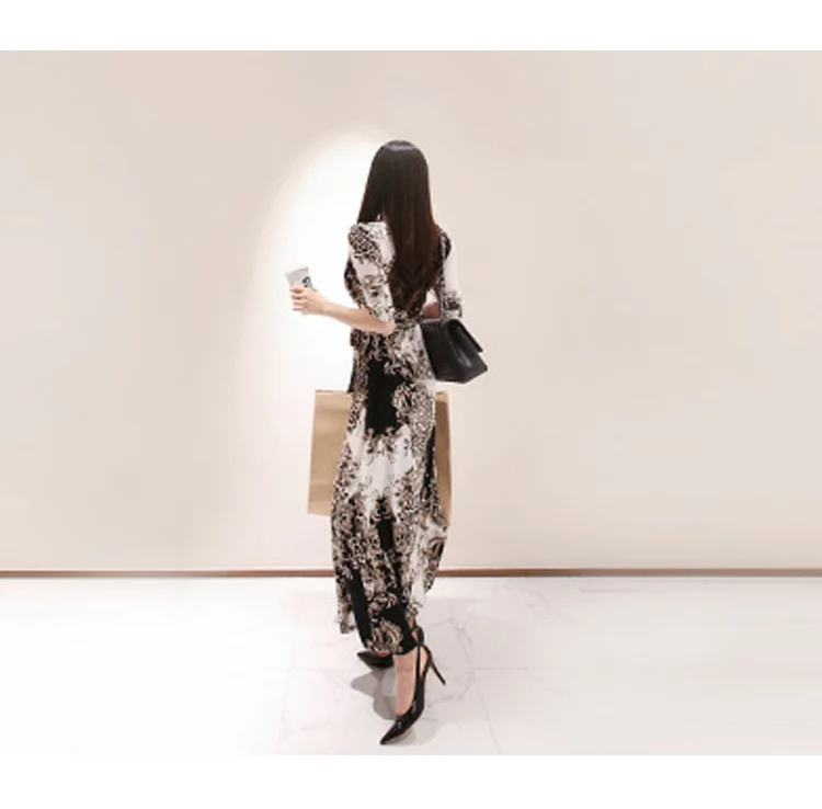 H Han queen, Ретро стиль, элегантное, v-образный вырез, с принтом, облегающее платье, для женщин,, новинка, крест-накрест, длинные платья, весна, бохо, повседневное, сексуальное, Vestidos