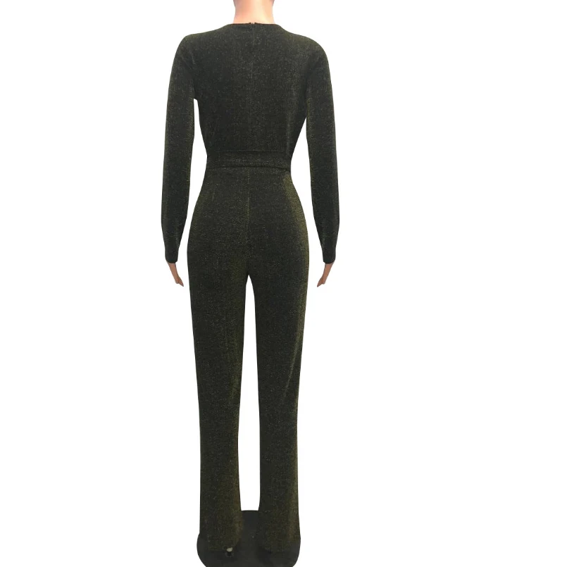

Women Stretchy Shining V-Neck Lace Up Skinny Outfits Jumpsuits Long Sleeve Bodycon Sexy Rompers Night Club Stretchy Jumpsuits