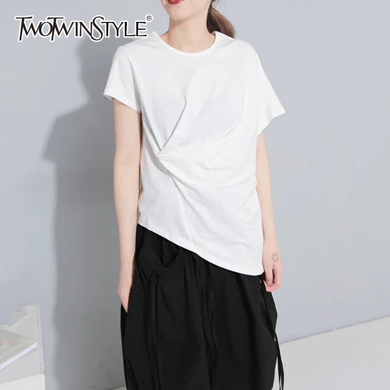 TWOTWINSTYLE Ruched футболка женские короткий рукав асимметричный белый основной