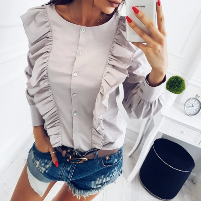 MisShow/Женские блузки с круглым вырезом и длинными рукавами на пуговицах весенние