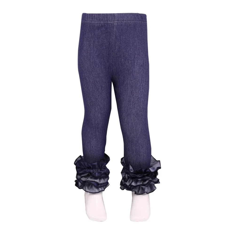 denim MUDBALA/Эксклюзивные однотонные хлопковые леггинсы для маленьких девочек; Тройная оборка; детская одежда; брюки с рюшами для маленьких девочек - Цвет: denim