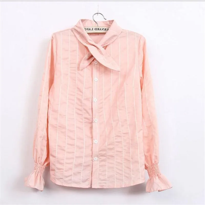 Fashion Striped Spring Autumn Women Shirts 2018 New Sweet Bow Work Blouses Long Flare Sleeve Slim Office Lady Blouse Q060 | Женская