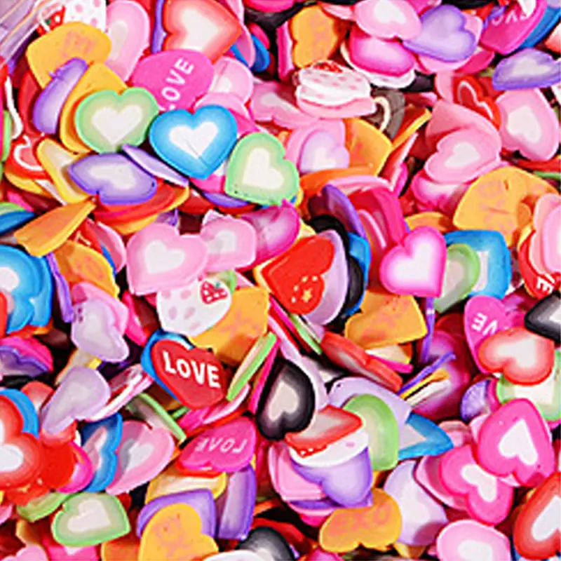1000pcs Heart 3D крошечные симпатичные рисунки на ногтях аксессуары 1000 шт./пакет Star/мультфильм/платье с цветочным узором, платье с принтом «фрукты»/перо Fimo игровое тесто ломтики нарезки украшения для ногтей - Цвет: 1000pcs Heart