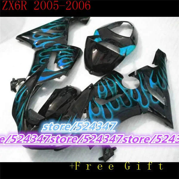 

Market hot sales manufacturers ZX6R 05 06 ZX6R, 636, 2005, 2006 smooth ink black motorcycle fairing of light blue flame-Fei