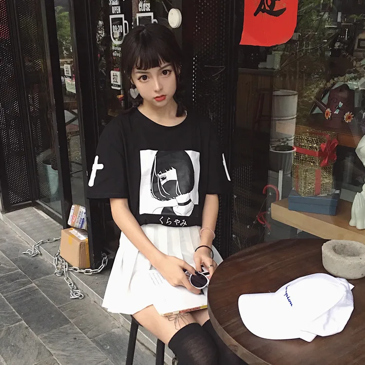 Harajuku Японские Женские футболки с героями мультфильмов топы в уличном стиле