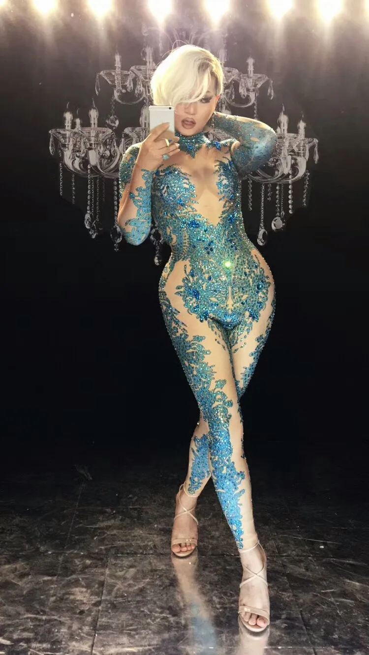 Полный Стразы Синий Эластичный Трико комбинезон со стеклянными кристаллами