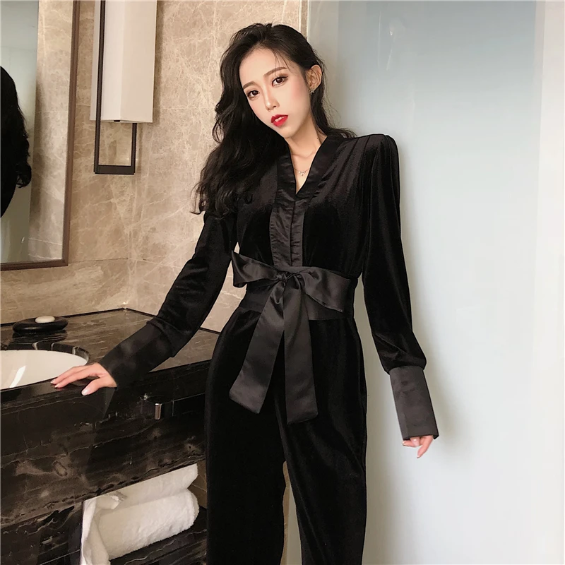 Женский вельветовый комбинезон с поясом и V образным вырезом|Женские