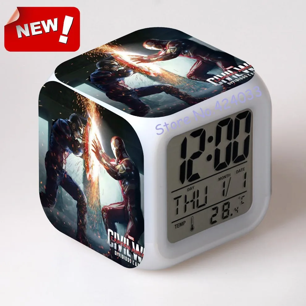 Капитан Америка Гражданская война будильник светодио дный свет 7 цветов изменить Projeksiyon часы Relogio де меса