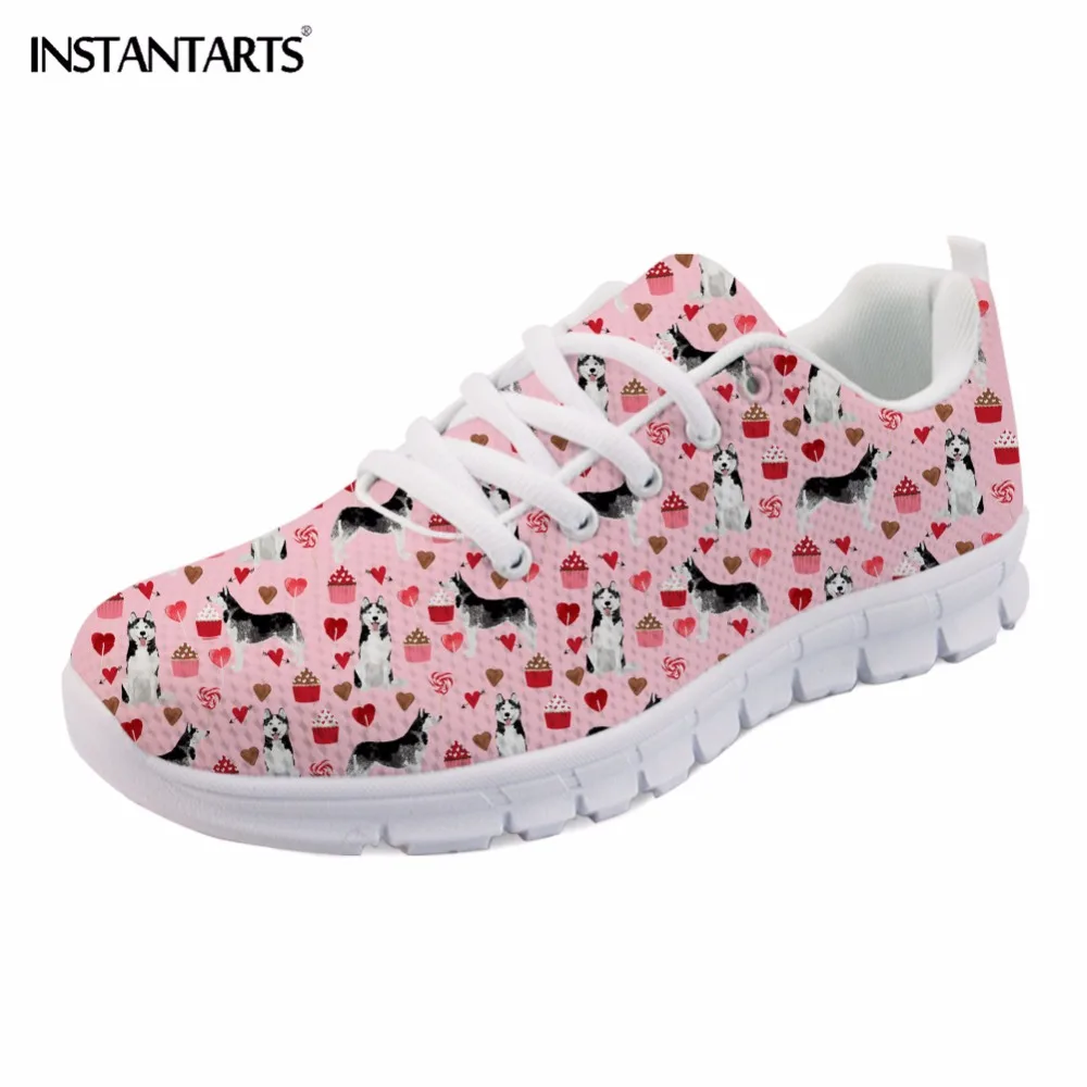 

INSTANTARTS Fashion Women's Flats Shoes Cute Husky Dog Puppy Woman Student Casual Lace-up Sneakers Zapatillas Light Mesh Shoes