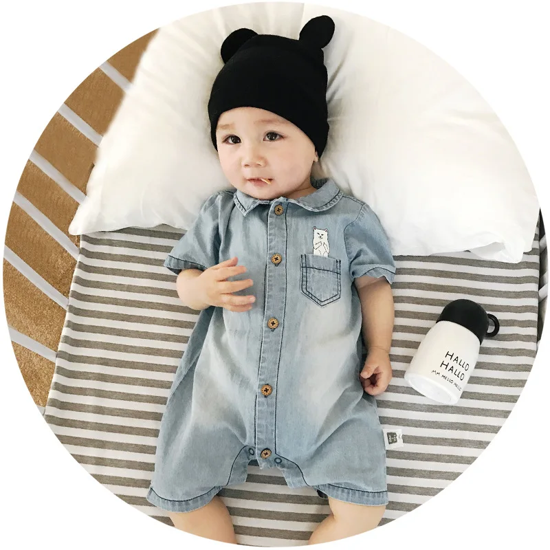 Детский комбинезон из мягкой джинсовой ткани с рисунком кота Одежда для