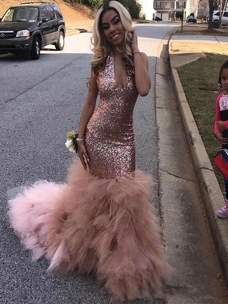 

African Black Girls Sequined Prom Dress Rose Gold Formal Pageant Holidays Wear Graduation Evening Party Gown Custom Made Plus