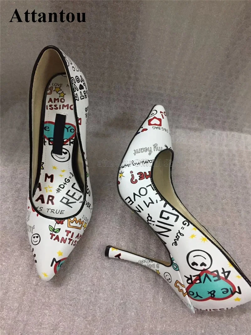 

Letter Printed Colorful Women Pumps Thin High Heel Pointed Toe Shallow Mounth Shoes Real Leather Graffiti OL Lady High Heels