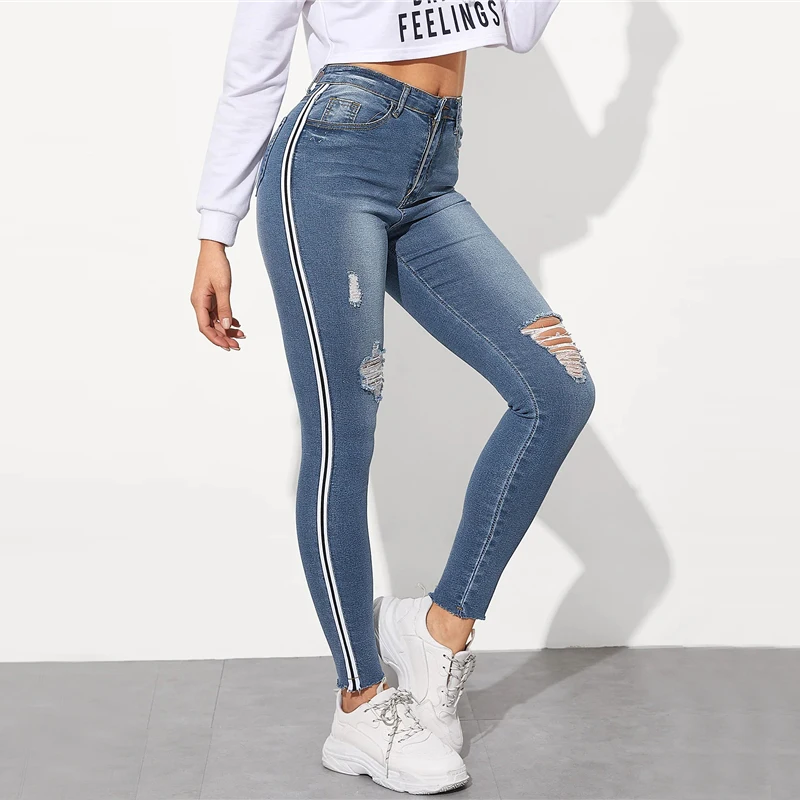 Dotfashion/женские обтягивающие джинсы в синюю полоску с боковыми рваными краями, летние повседневные узкие брюки, модные джинсовые брюки с пуговицами