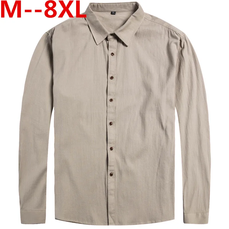 10XL 8XL 6XL 5XL 4XL Spring Mens Casual Shirts Cotton Linen Gray Color Brand Clothing Man's Long Sleeve Loose Clothes Male Tops | Мужская