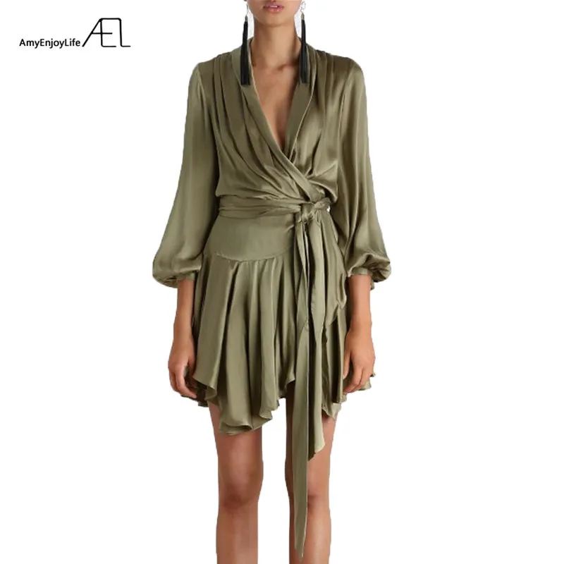 

AEL Asymmetrical Fashion Satin Dress Silky Casual Club Lantern Sleeve V-Neck Womens Clothing Bishop Elegant Bandage Dresses