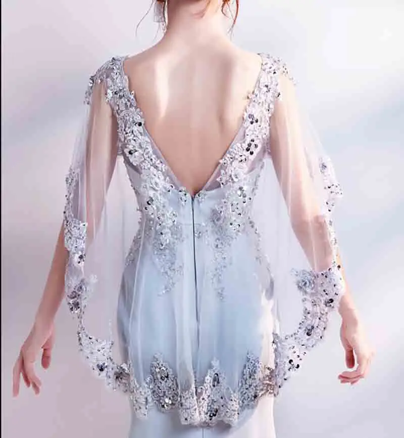 

Custom Luxury Gray Party Mermaid Cloak Sleeve Dress Red Carpet Wedding Bridal Evening Formal Dress For Lady Large Size 5XL 6XL