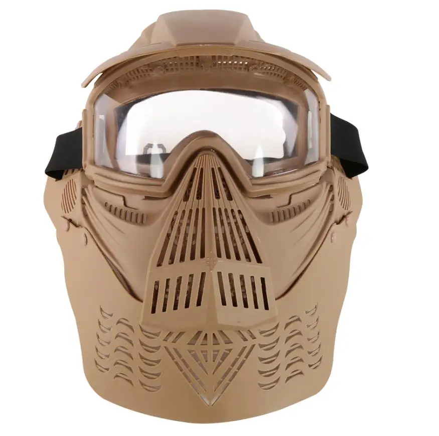 TAN WoSporT Airsoft Full Face Mask Tactical Paintball Masks Military Lens Mask with Goggles Neck Protect for Outdoor CS Accessory - Цвет: TAN