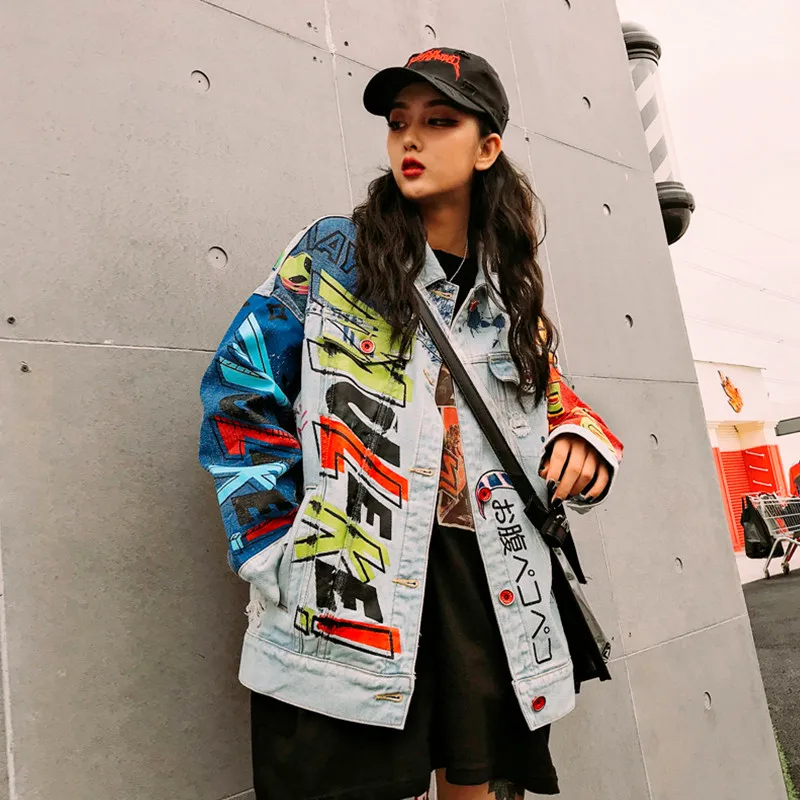Новое джинсовое пальто для женщин Harajuku с принтом граффити, Потертая джинсовая куртка с длинным рукавом в стиле панк-рок, джинсовые пальто для студентов, верхняя одежда NS82