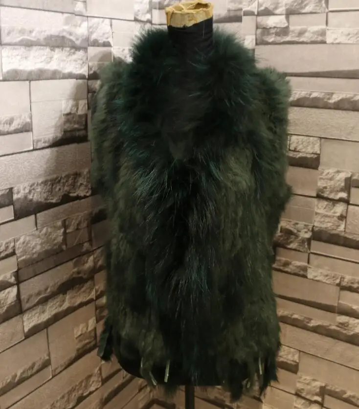 dark green Новые женские из натуральной кожи из натуральной меховой жилет из меха кролика с отделка мехом енота жилет На зимнем меху куртка harppihop мех - Цвет: dark green