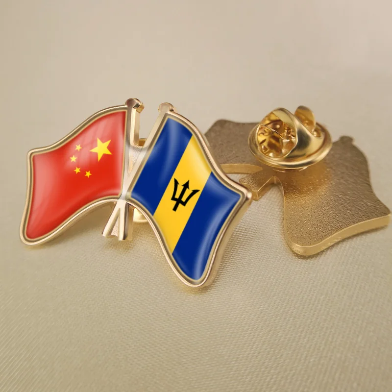

China and Barbados Crossed Double Friendship Flags Lapel Pins