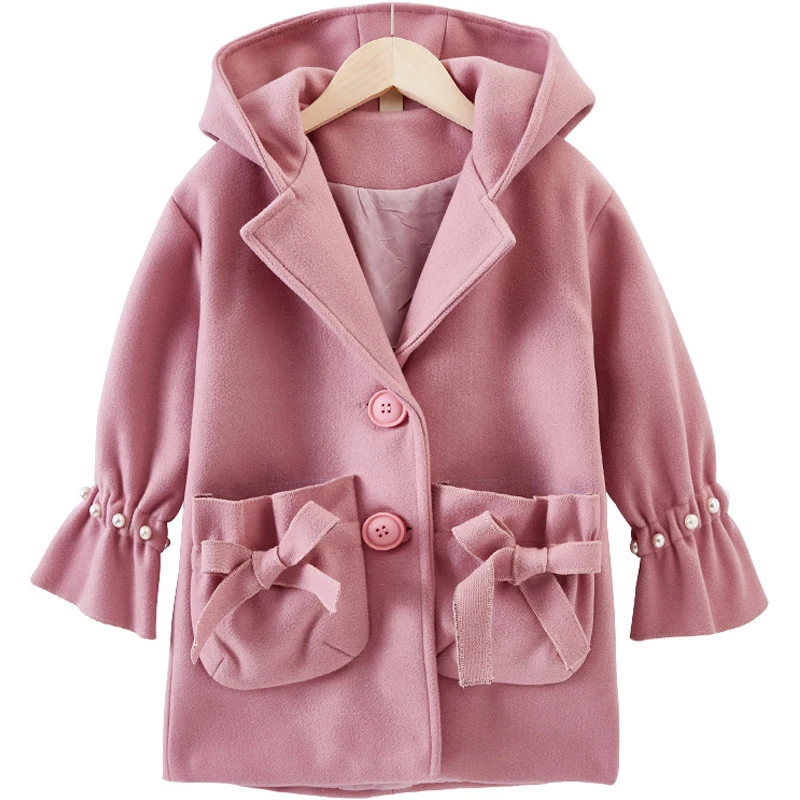 Куртки и пальто для девочек на весну осень модные шерстяные с капюшоном детей