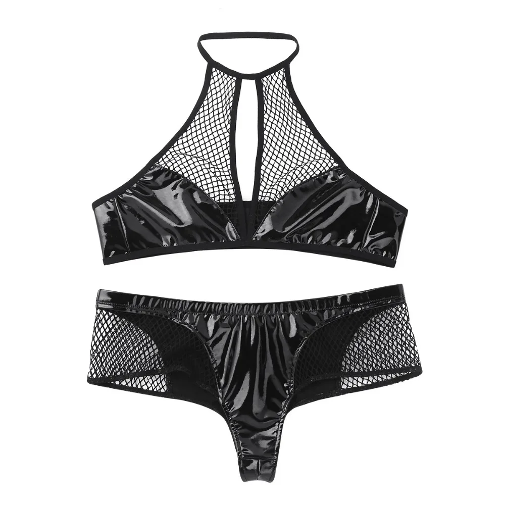 Sexy Women Wetlook Costume Lingerie Set Hollow Out Patchwork Fishnet Open Crotch Bra Top &amp Mini Bikini Briefs Underwear Swimsuit |