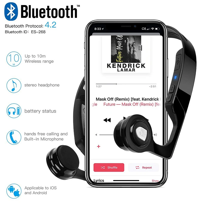 Bone Conduction Headphones Waterproof Outdoor Sports Headset Wireless Bluetooth Earphone Stereo with Microphone for Running | Электроника