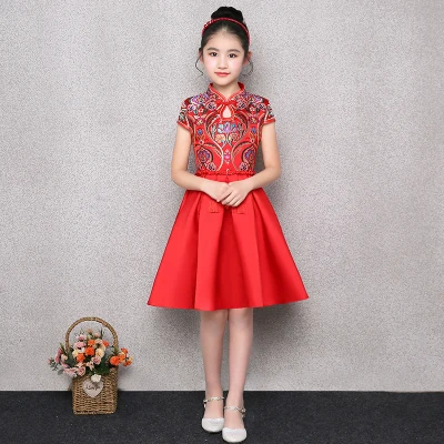 Red Современное платье qipao с вышивкой в китайском стиле, бальные платья, водолазка с коротким рукавом, платье в китайском стиле для больших девочек, костюм красного, розового цвета - Цвет: Red