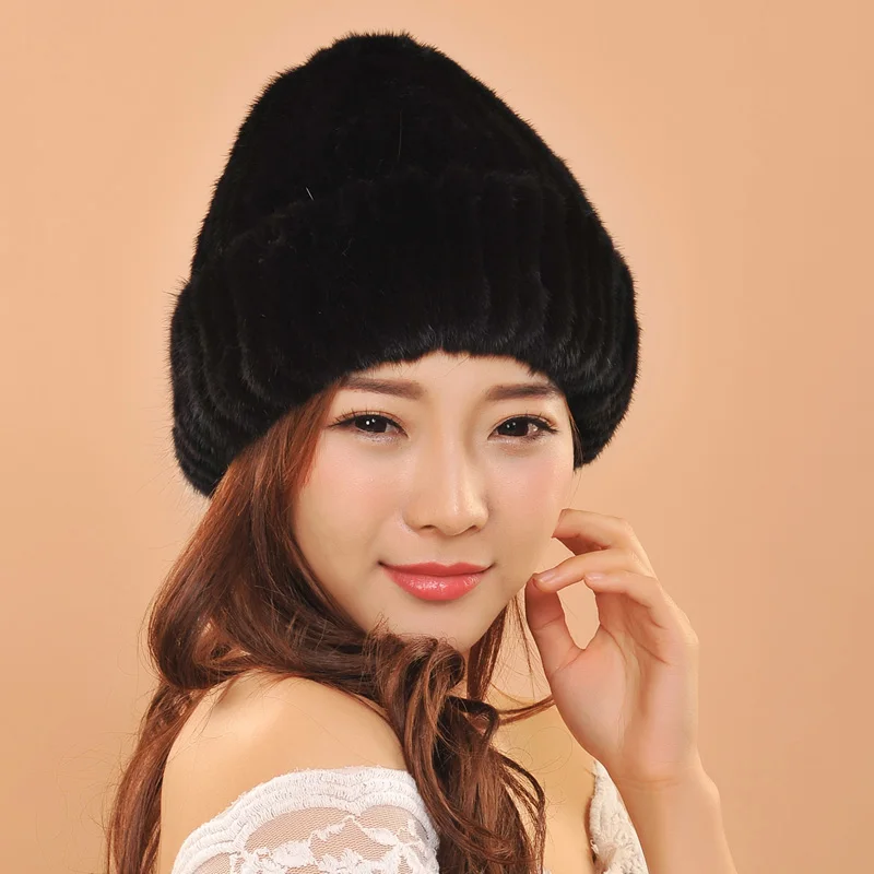 Новый стиль женские настоящие норковые меховая шапка зимняя вязаная с