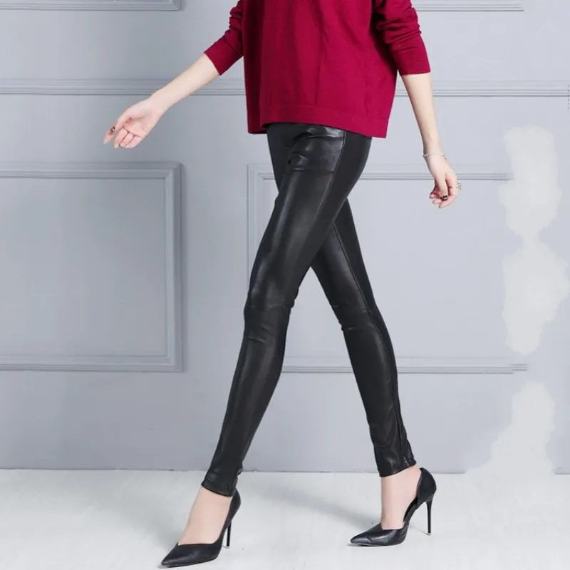 Для женщин пикантные Strechy Slim Fit Роскошные Sheepksin Натуральная кожаные зауженные брюки эластичный пояс из натуральной кожи мотобрюки OL узкие брюки
