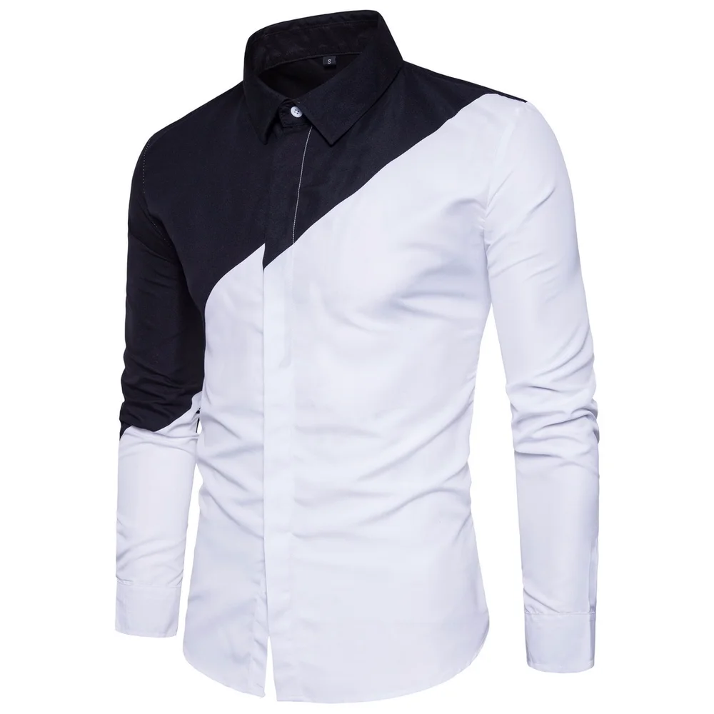 

Fashion Black And White Stitching Men's Long-sleeved Shirts Business Men's Fashion Shirts Men's Lapel Shirts