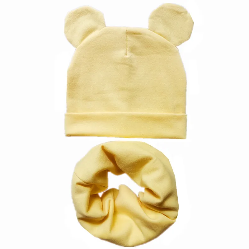 light yellow set Новая детская шапка с милыми ушками, хлопковый комплект, шапка и шарф, детские шапки для девочек и мальчиков, детская шапка, шарф, воротники, осенне-зимняя детская теплая шапка - Цвет: light yellow set