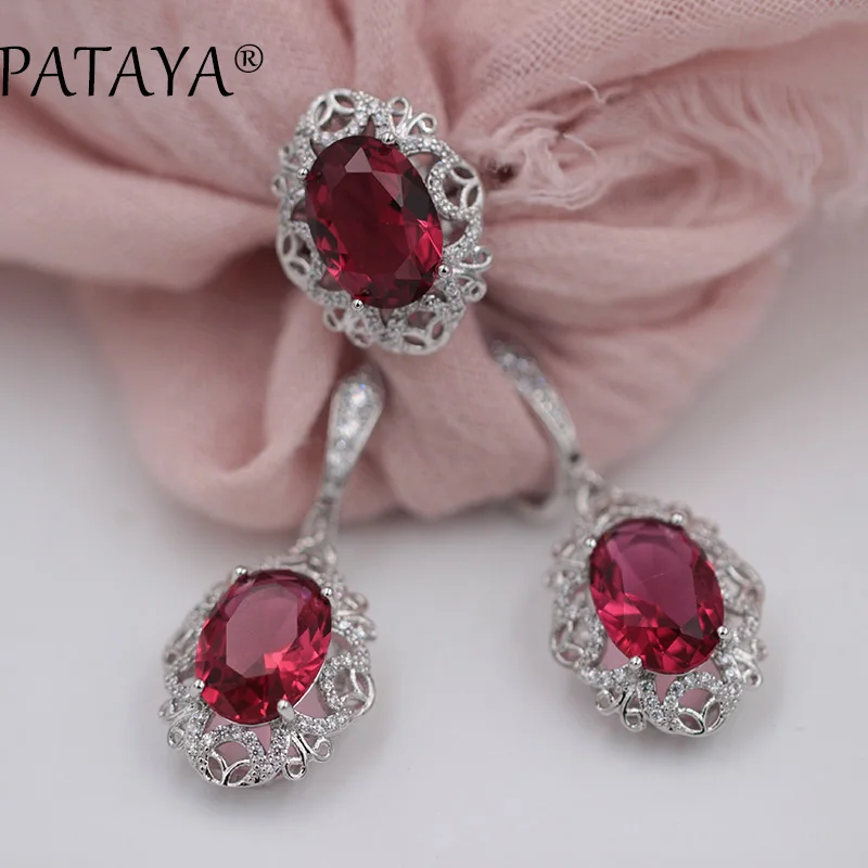 rose red PATAYA, романтические радужные Ювелирные наборы, Настоящее Белое золото, Зеленый Природный Цирконий, кольцо, большие серьги, Женские аксессуары, бижутерия - Окраска металла: rose red