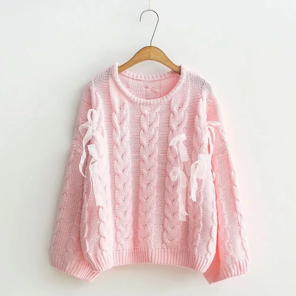 Autumn Japanese Female Solid Sweaters Soft Sister Teens Lace Up Ribbons Fashion Lovely Cute Knitwear Kawaii Sweater for Women | Женская