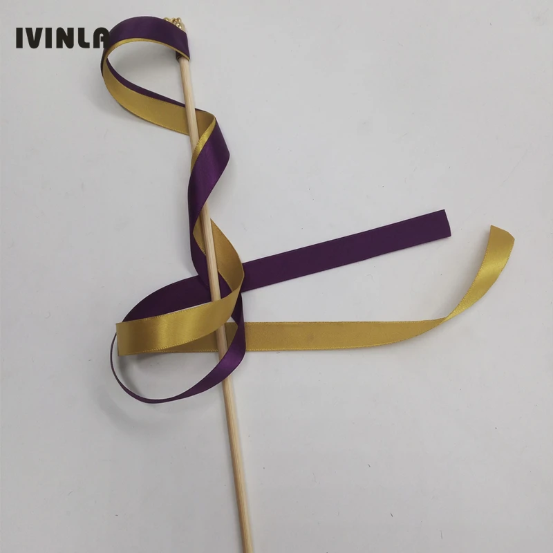 

50pcs/lot purple +gold wedding ribbon wands With gold Bells for wedding party
